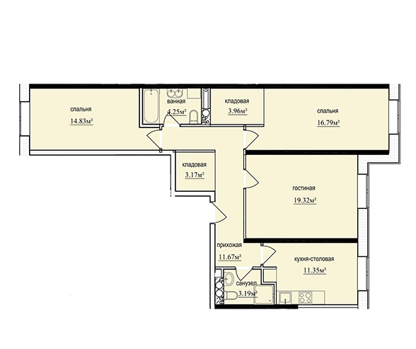 Трёхкомнатная квартира 92.36 м²