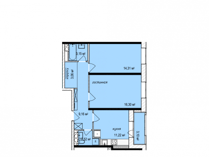 Двухкомнатная квартира 61.27 м²