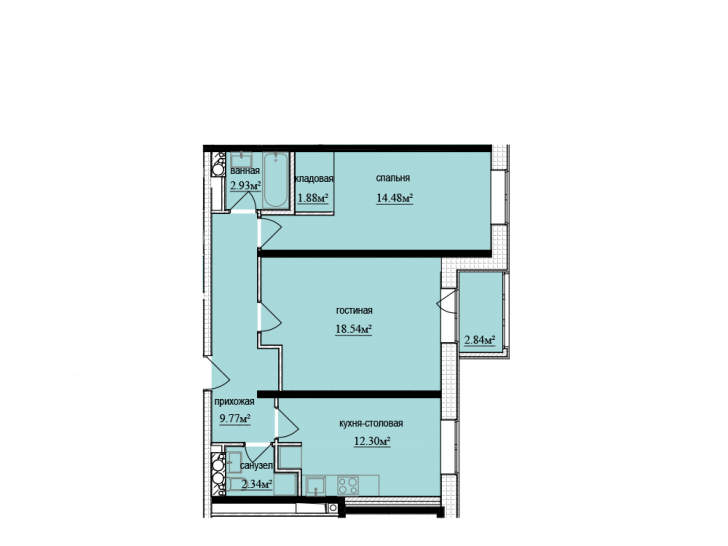 Двухкомнатная квартира 63.66 м²